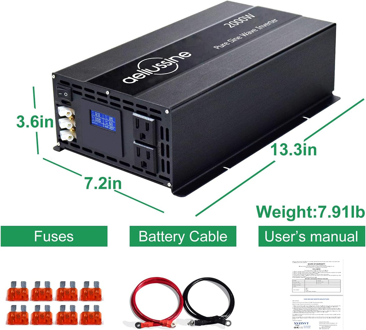 2000 Watt Pure Sine Wave Power Inverter 12V to 110V 120V DC to AC 4000W Surge Hardwire Terminal 2 US Outlet U966186