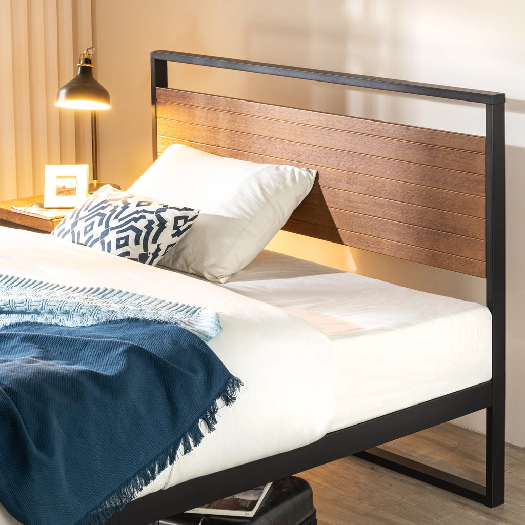 Metal and Wood Platform Bed Frame with Headboard, Chestnut Brown, Full W75770