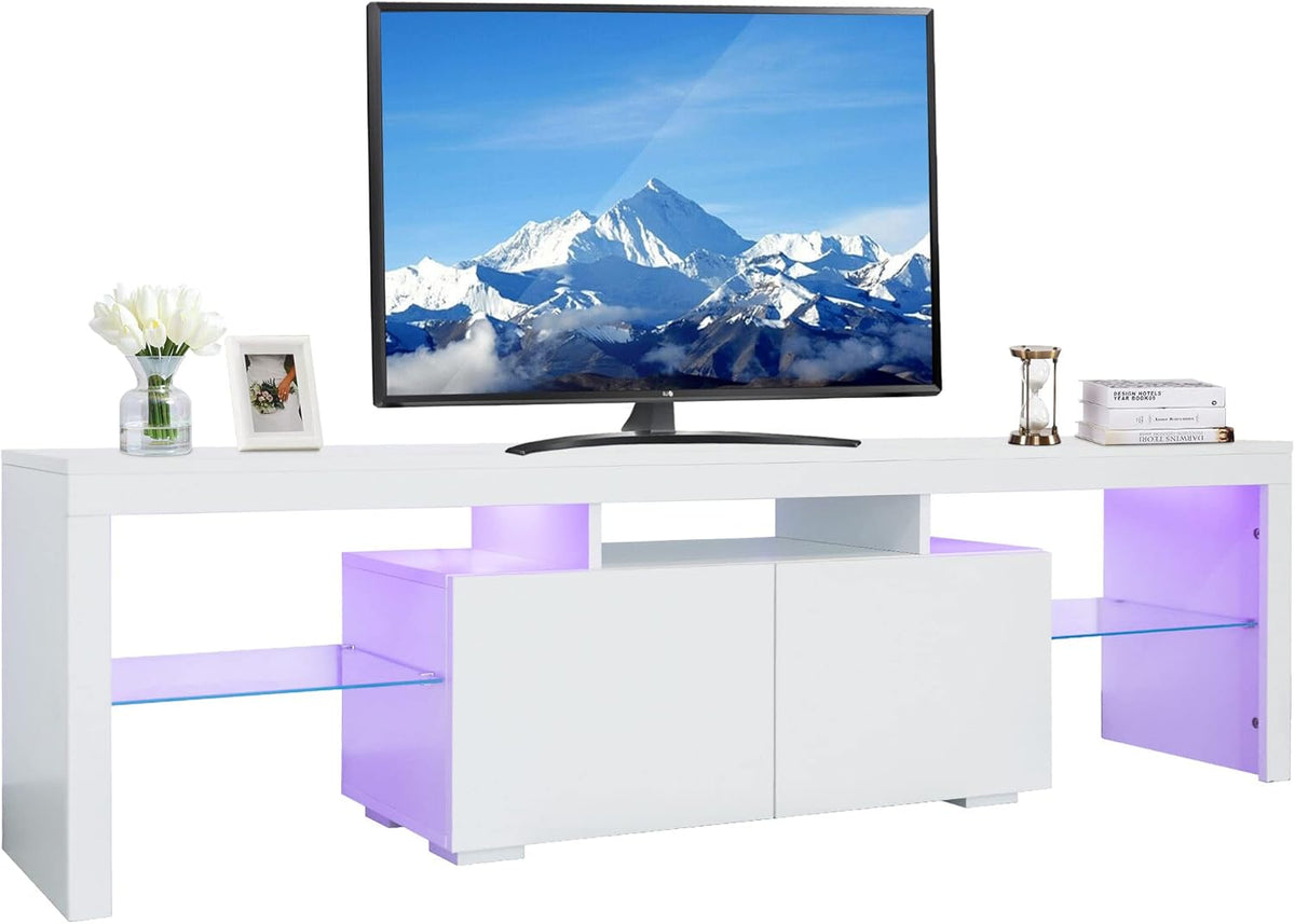 White High Gloss TV Stand with LED Lights and Storage Drawers C9429