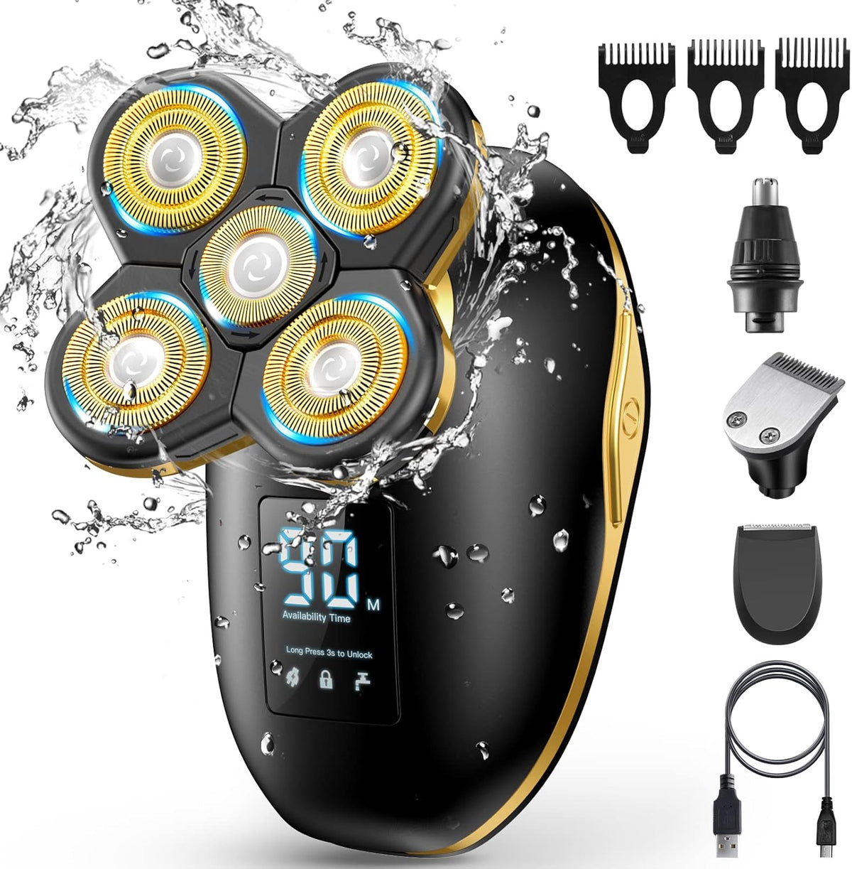 Head Shaver Electric Razor 6D Floating 5 in 1 Wet & Dry Waterproof Bald Head Shaver LED Display Rotary Gold Pack of 2 B42690