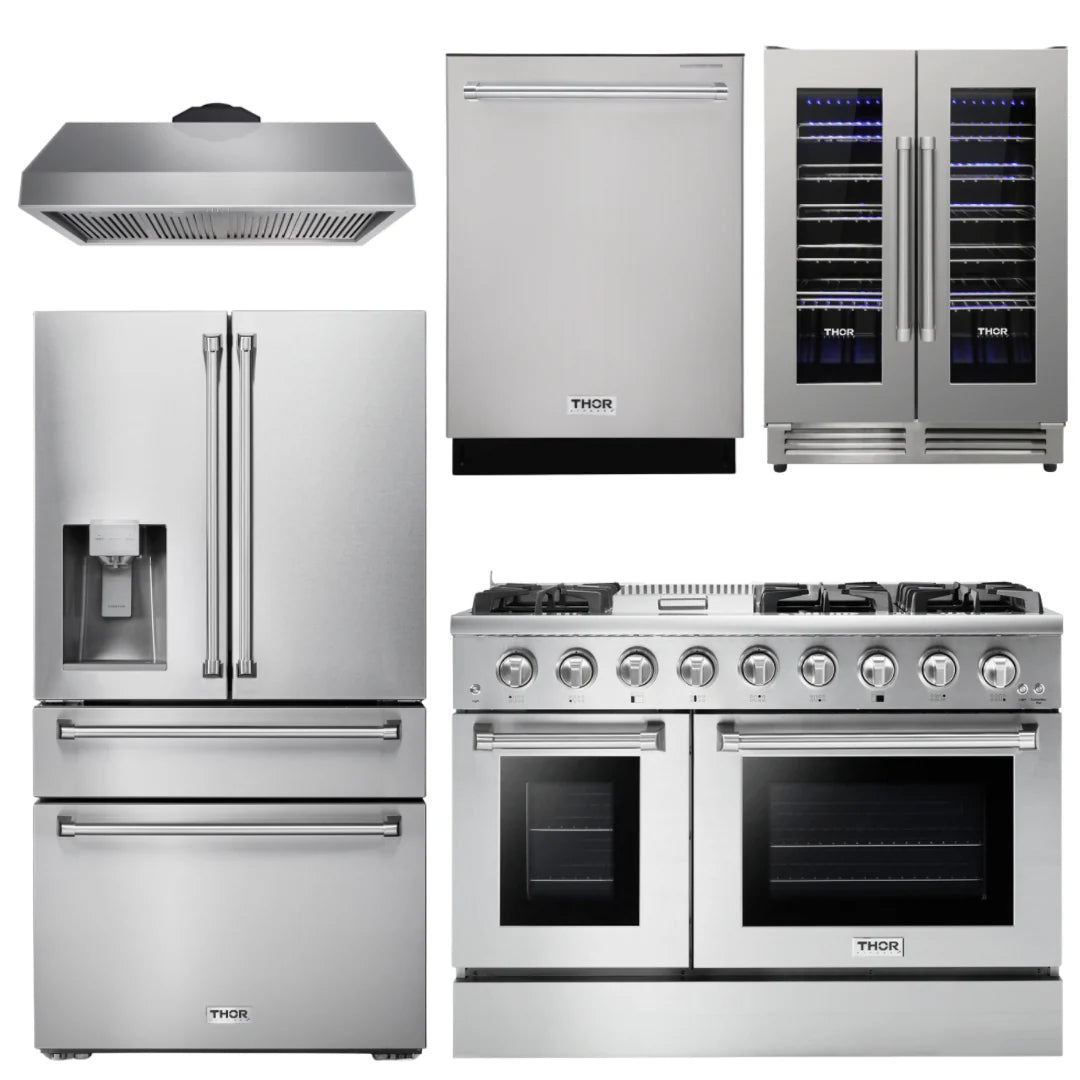 48 Propane Gas Range, Range Hood, Refrigerator with Water and Ice Dispenser, Dishwasher, Wine Cooler N273