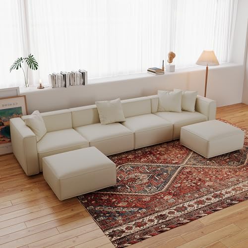 Cream L-Shape Sectional Sofa with Ottoman and Chaise F979