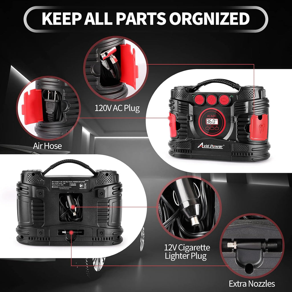 AC/DC Tire Inflator Portable Air Compressor with Dual Motors Digital Gauge LED Light Pack of 2 V5764