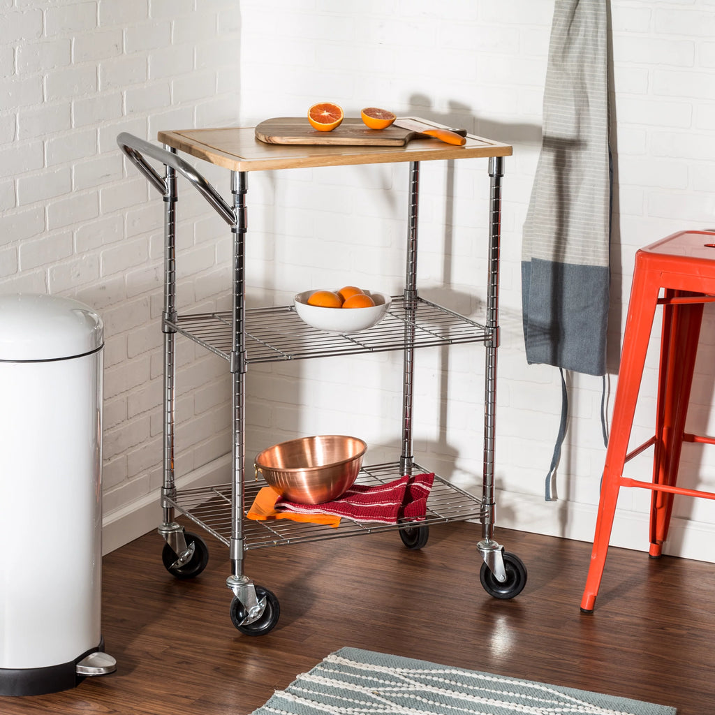 Steel and Wood 2-Tier Rolling Kitchen Storage Cart with Cutting Board Top M36602
