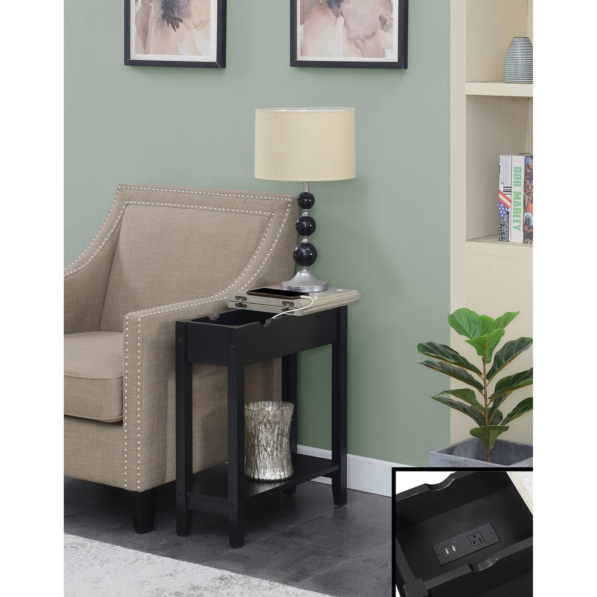 Flip Top End Table with Charging Station and Shelf Faux Birch/Black L7673