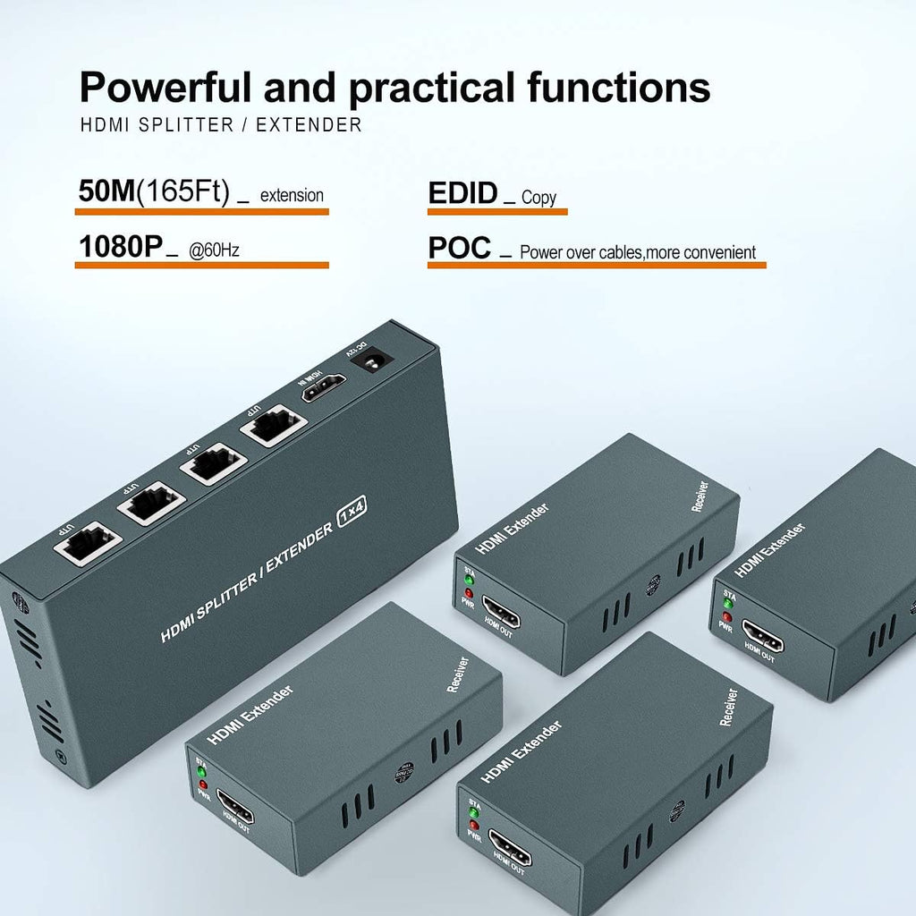 HDMI Extender Splitter 1x4, 1080P@60Hz, 165ft (50m) over CAT5e/CAT6/CAT7 Cable L79519
