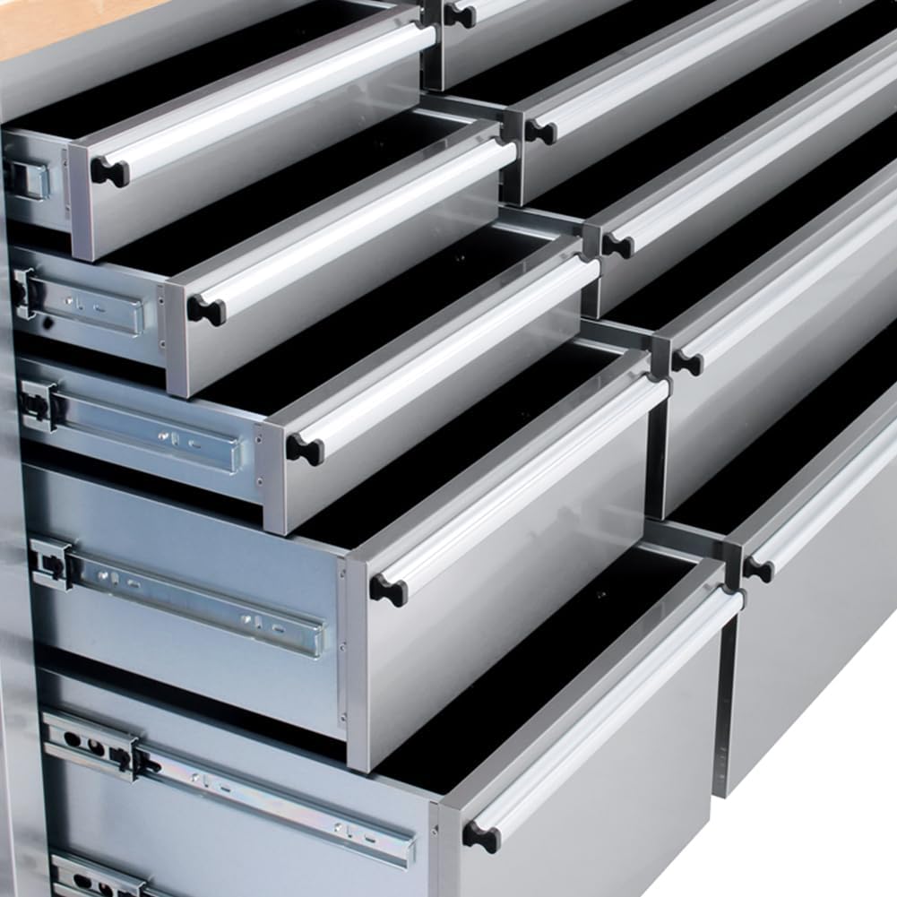 15 Drawer Stainless Steel Rolling Tool Chest with Wheels and Wood Top D8216
