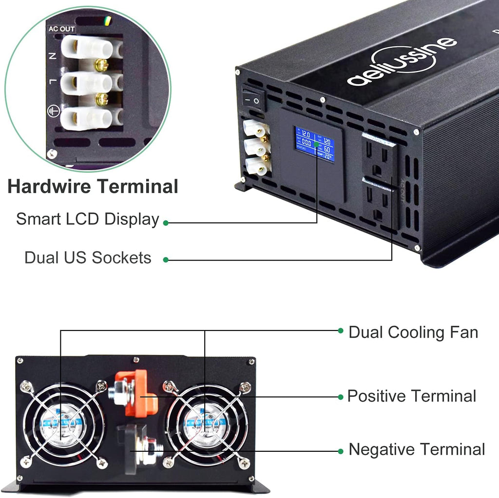 2000 Watt Pure Sine Wave Power Inverter 12V to 110V 120V DC to AC 4000W Surge Hardwire Terminal 2 US Outlet U966186