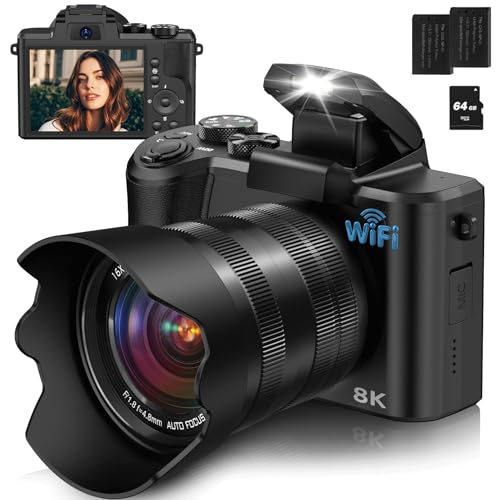 88MP Digital Camera with WiFi, Touch Screen, 16X Zoom, Autofocus, Anti-Shake, Dual Camera, 2 Batteries, 64GB Card, Flash, Lens Hood W55713