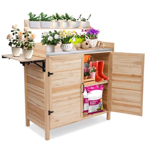 Foldable Wooden Potting Bench with Storage Cabinet E9765