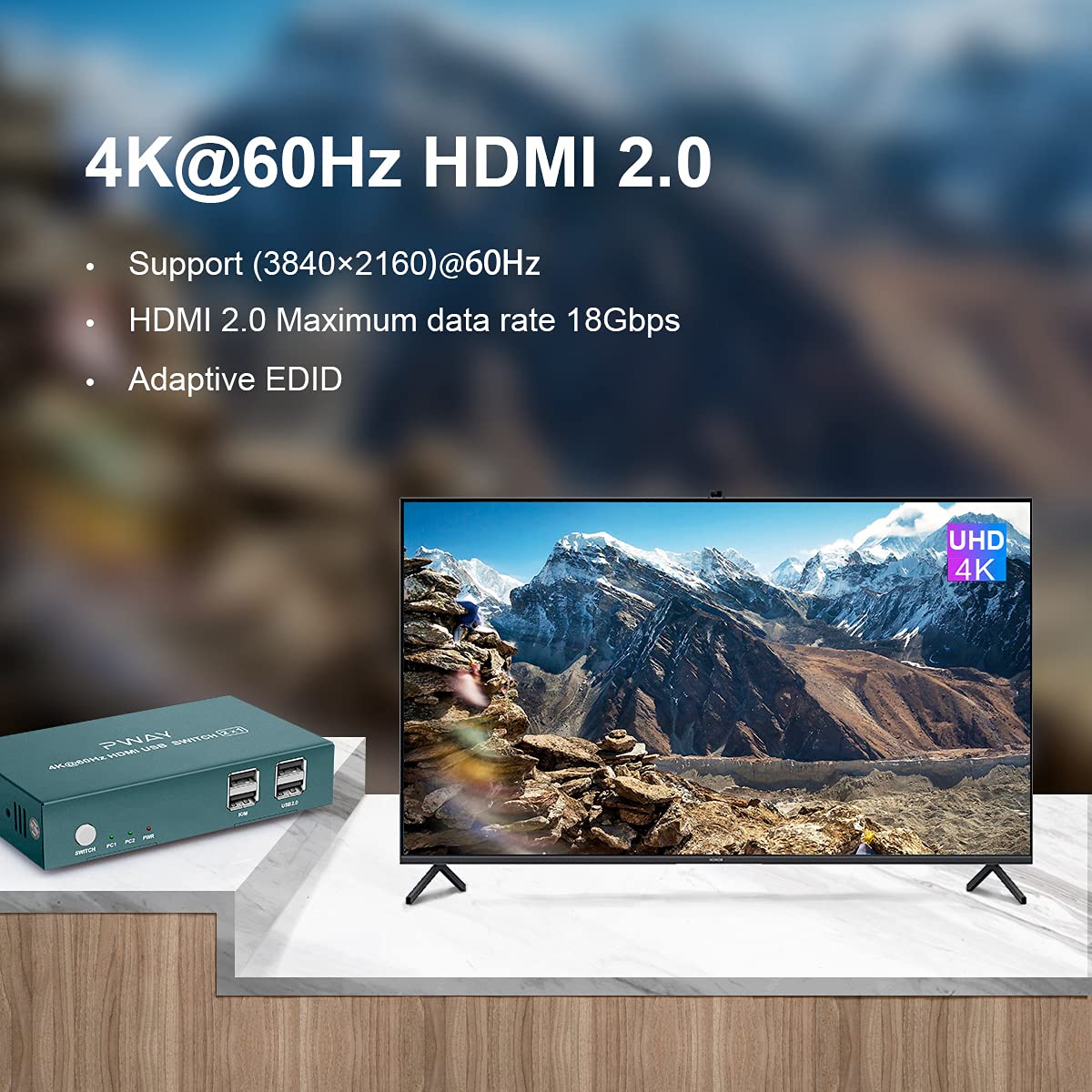 KVM Switch HDMI 2 Port, 4K@60Hz with 2 USB 2.0 Hub T37423