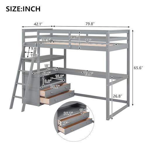 Twin Size White Solid Wood Loft Bed with Wardrobe, Desk and Shelves H96256