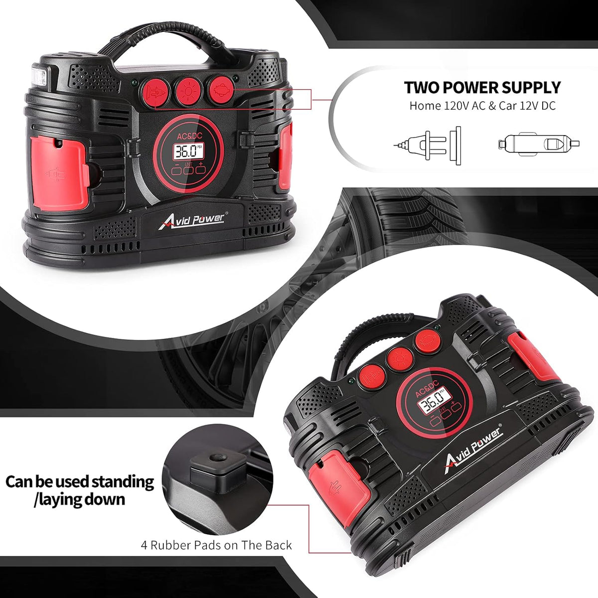 AC/DC Tire Inflator Portable Air Compressor with Dual Motors Digital Gauge LED Light Pack of 2 V5764