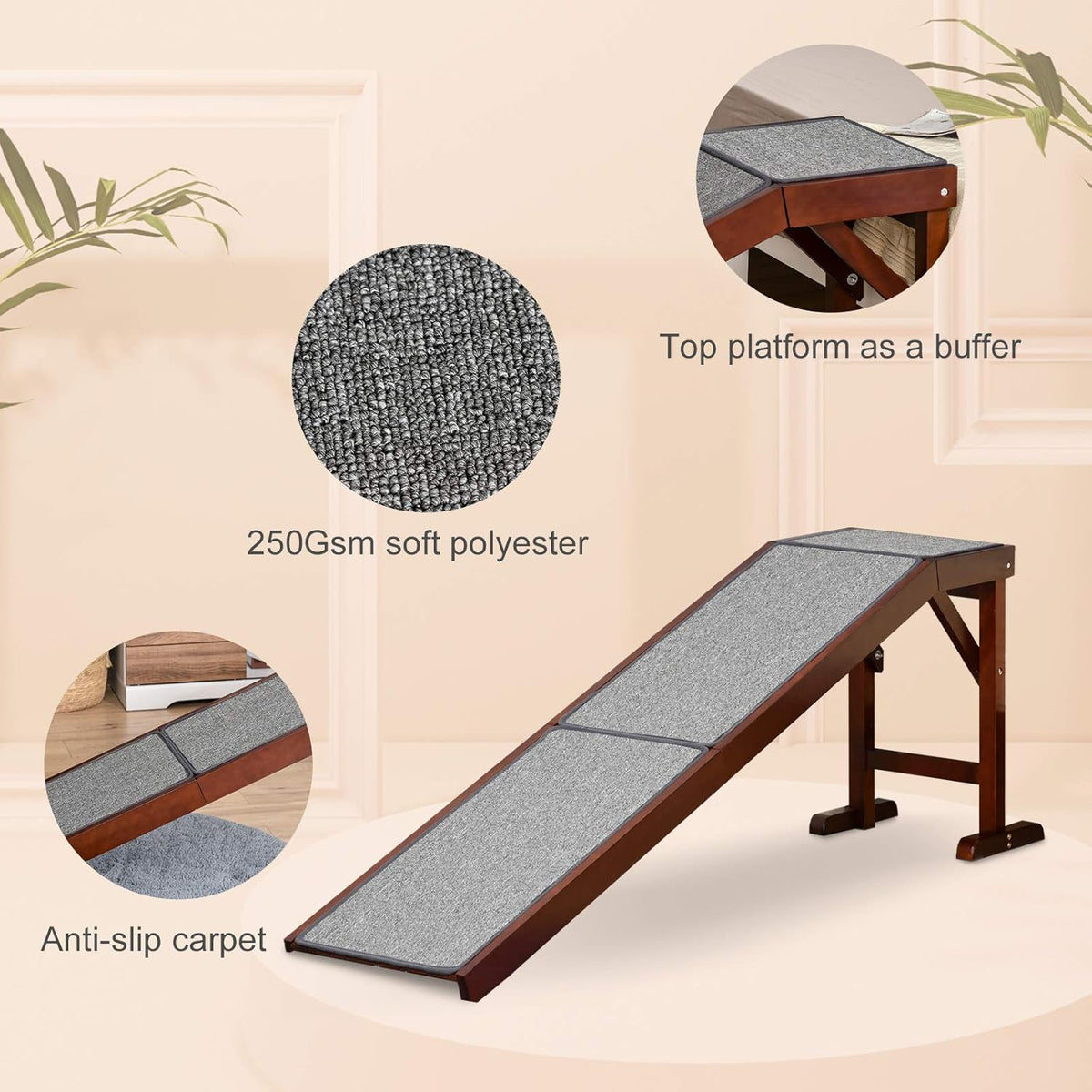 Non-Slip Carpet Top Pine Wood Pet Ramp, Brown Grey V8360
