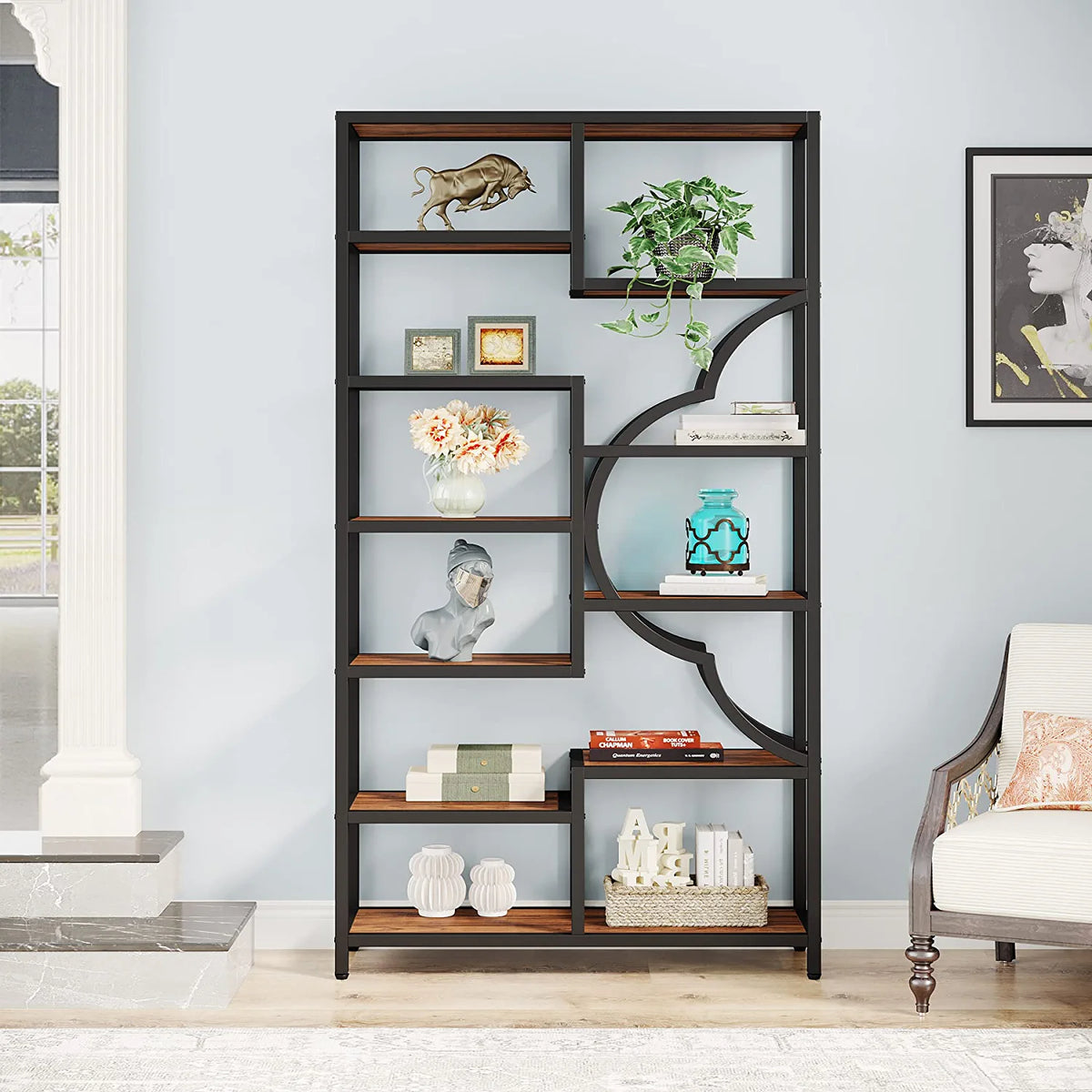 75” Tall 11-Shelves Bookcase with Arc-Shaped Design J152745