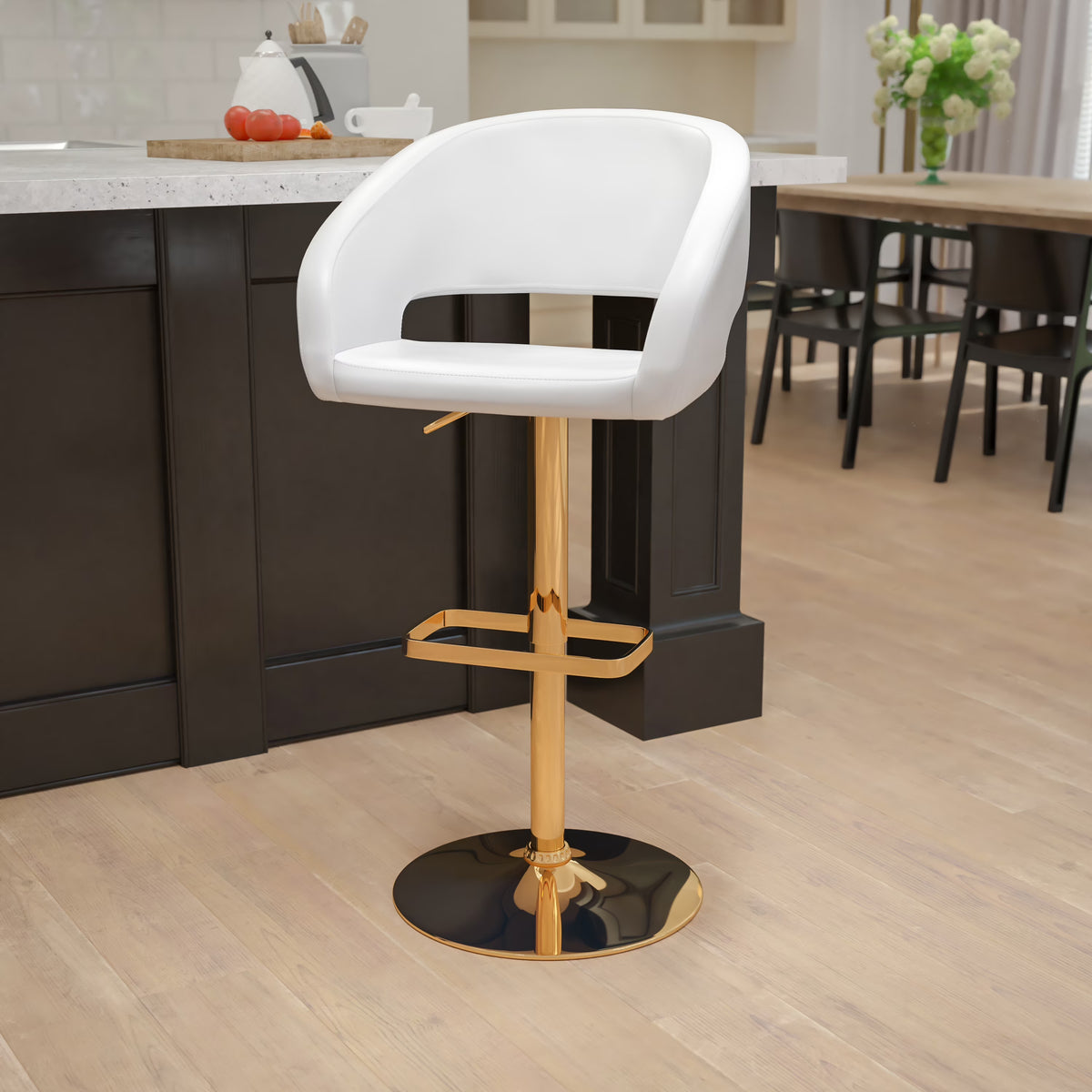 White Vinyl Upholstered Adjustable Height Barstool with Gold Pedestal Base N409893