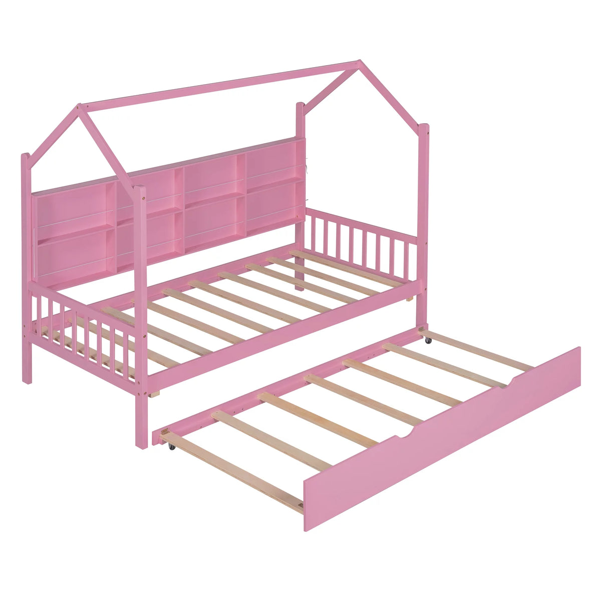 Wooden Twin Size House Bed with Trundle and Shelf U769