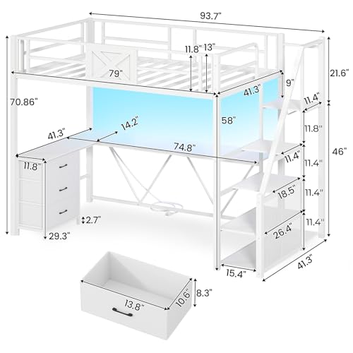 Twin Size White Metal Loft Bed with Desk and Wardrobe F759737