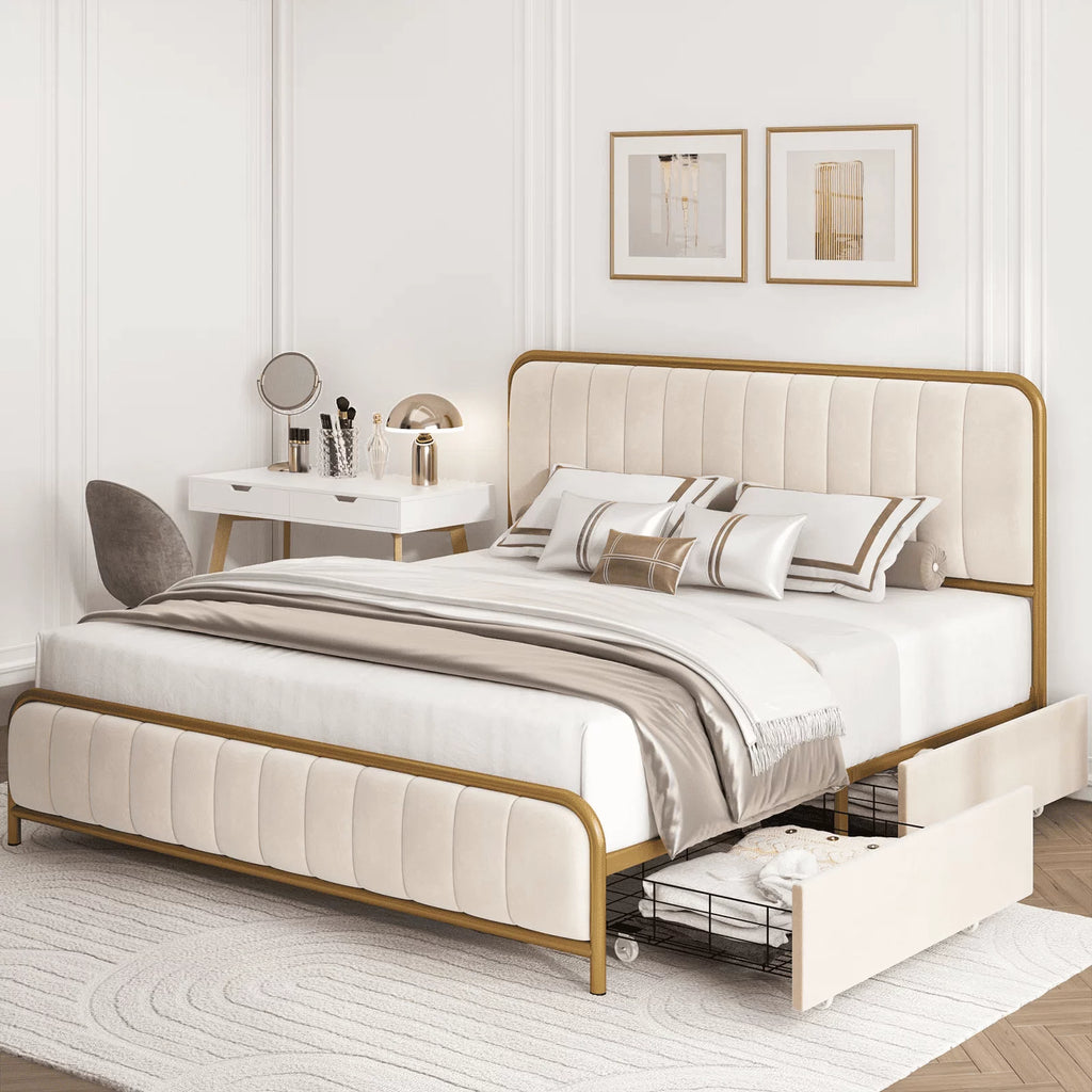Queen Size Beige Upholstered Platform Bed with 4 Storage Drawers G163284