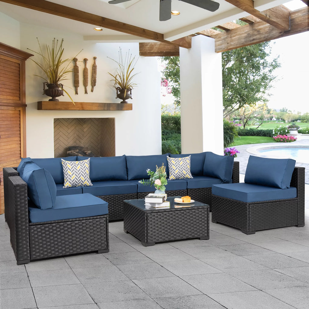 7 Pieces Black Wicker Outdoor Sectional Sofa Set with Tea Table and Cushions A456