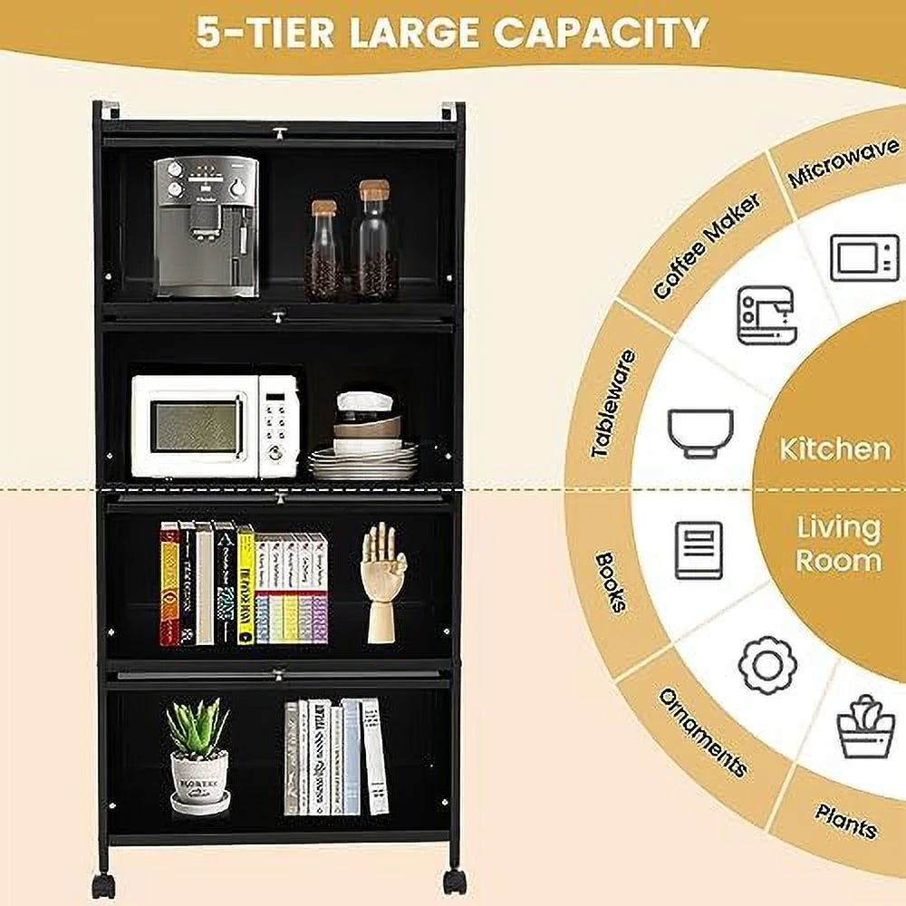 Black 5-Tier Kitchen Cabinet with 4 Rolling Casters P663