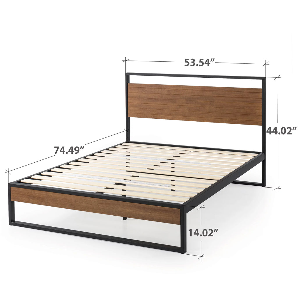 Metal and Wood Platform Bed Frame with Headboard, Chestnut Brown, Full W75770