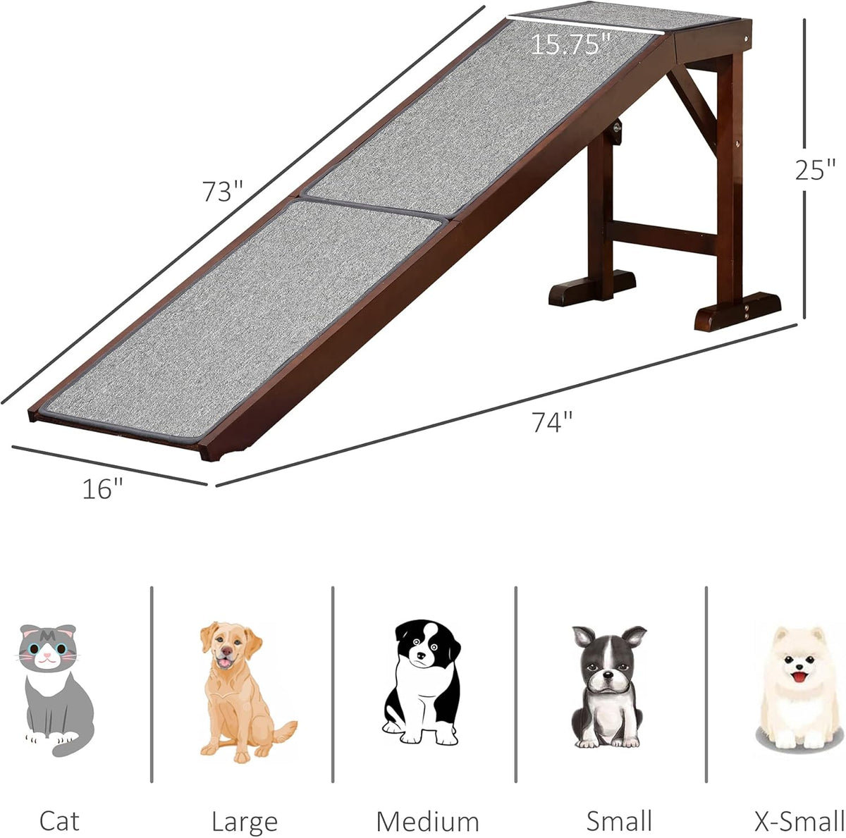 Non-Slip Carpet Top Pine Wood Pet Ramp, Brown Grey V8360