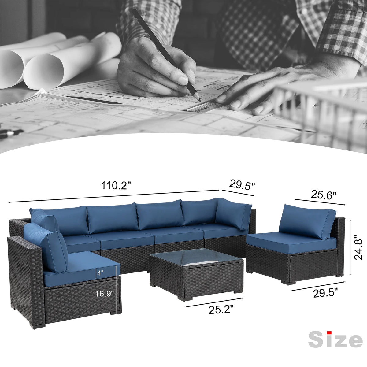 7 Pieces Black Wicker Outdoor Sectional Sofa Set with Tea Table and Cushions A456