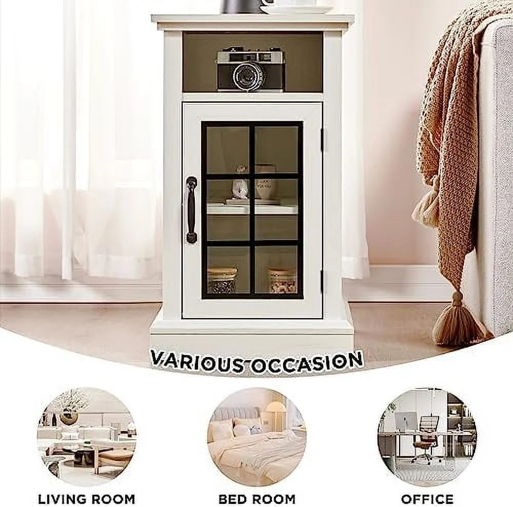 Distressed White End Table with Glass Door O11835