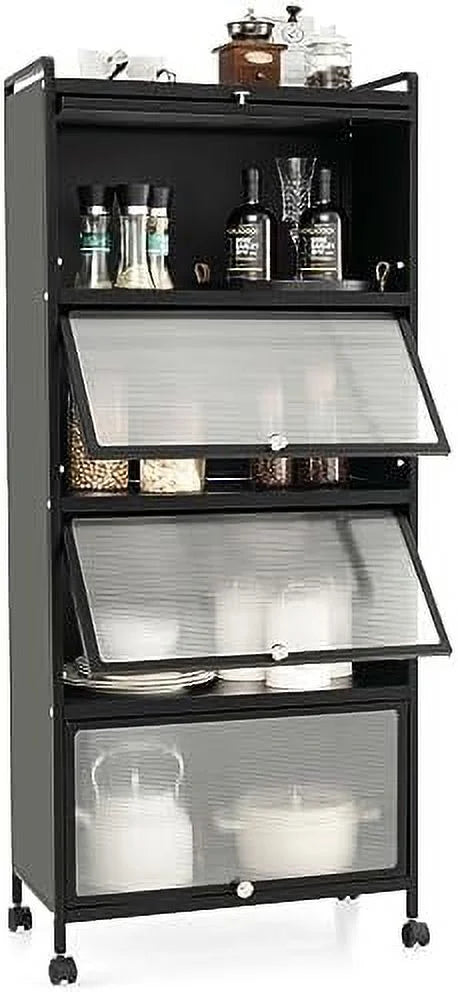 Black 5-Tier Kitchen Cabinet with 4 Rolling Casters P663