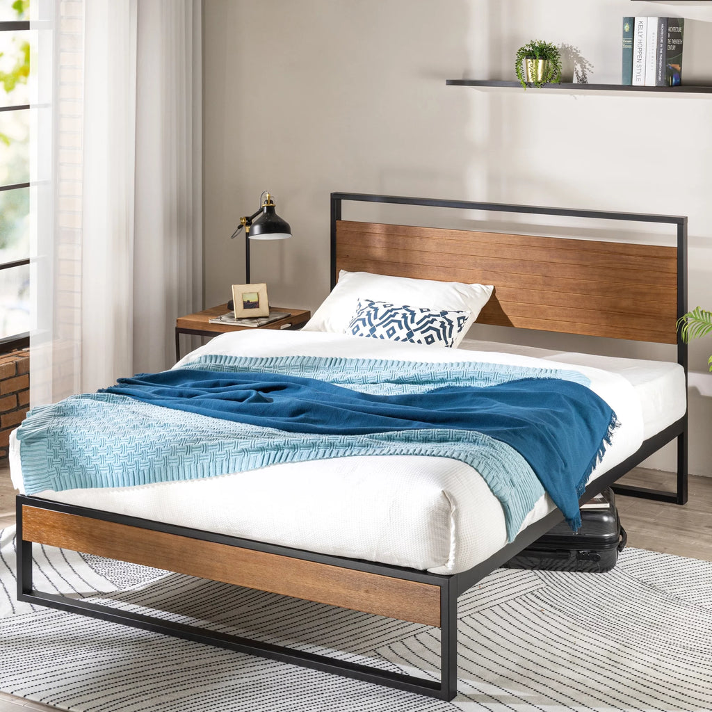 Metal and Wood Platform Bed Frame with Headboard, Chestnut Brown, Full W75770
