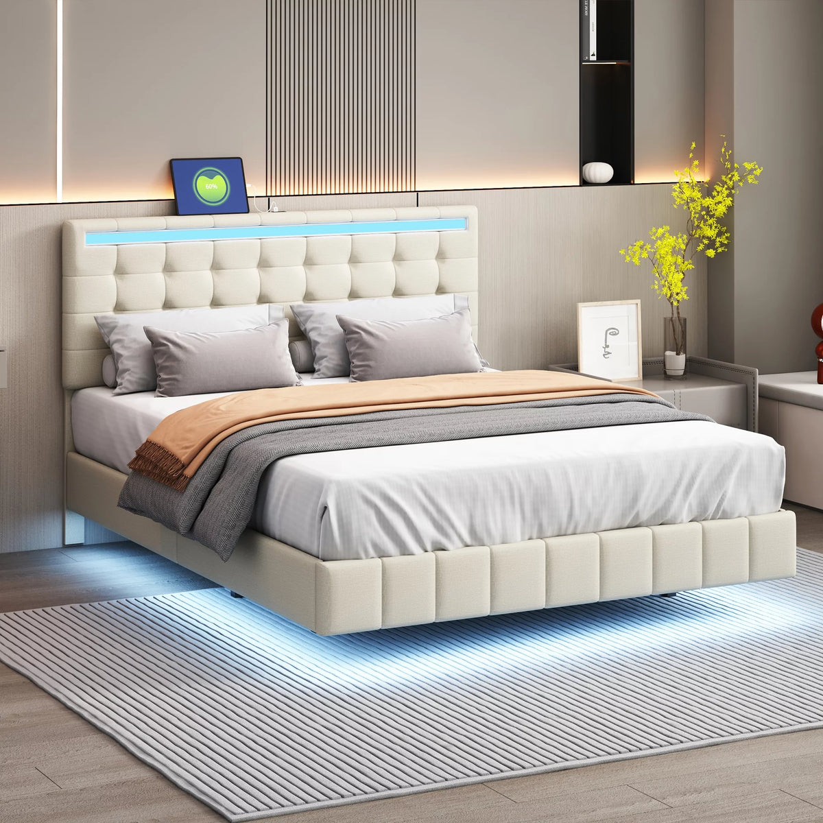 Queen Size Bed Frame with LED Lights and USB Charging P88790