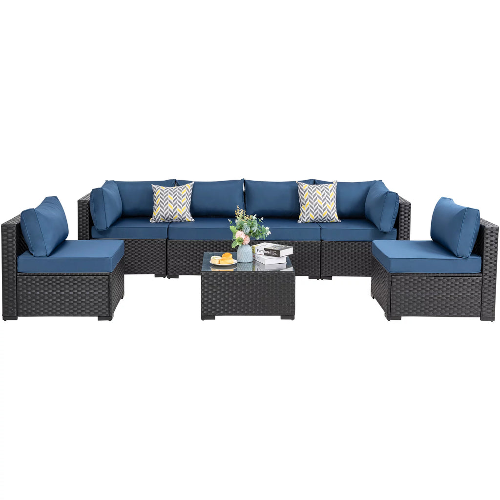 7 Pieces Black Wicker Outdoor Sectional Sofa Set with Tea Table and Cushions A456