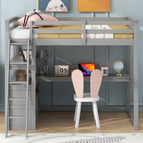 Twin Size White Solid Wood Loft Bed with Wardrobe, Desk and Shelves H96256