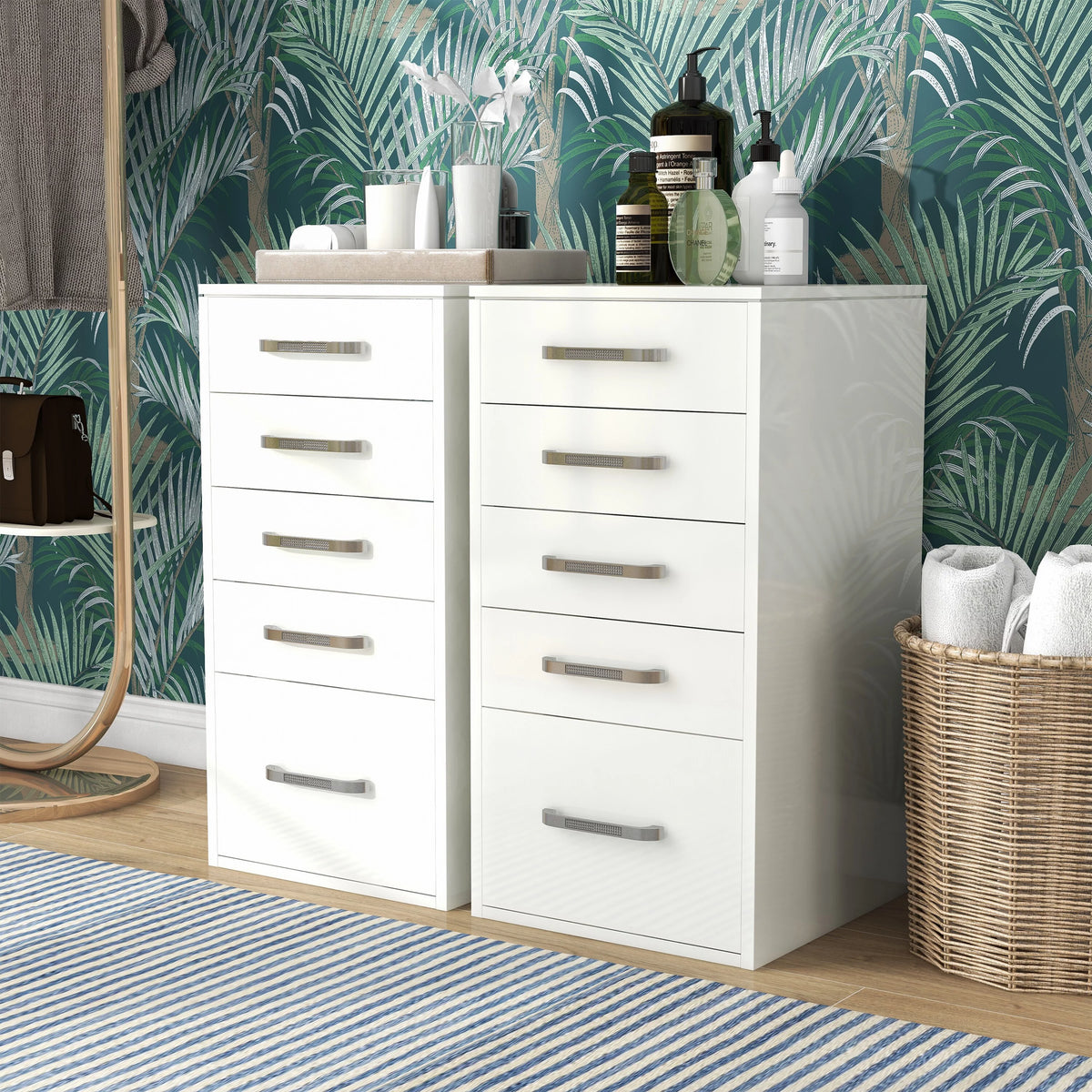 White 5-Drawer Wood Vanity Dresser Set of 2 Z4029