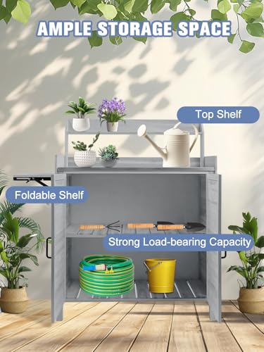 Foldable Wooden Potting Bench with Storage Cabinet E9765