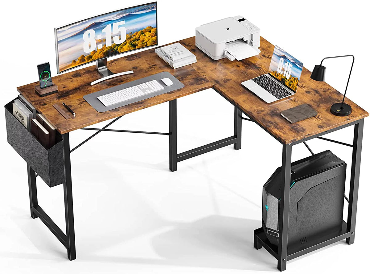 L Shaped 49 Inch Computer Desk with Storage Bag CPU Stand Rustic Brown A516