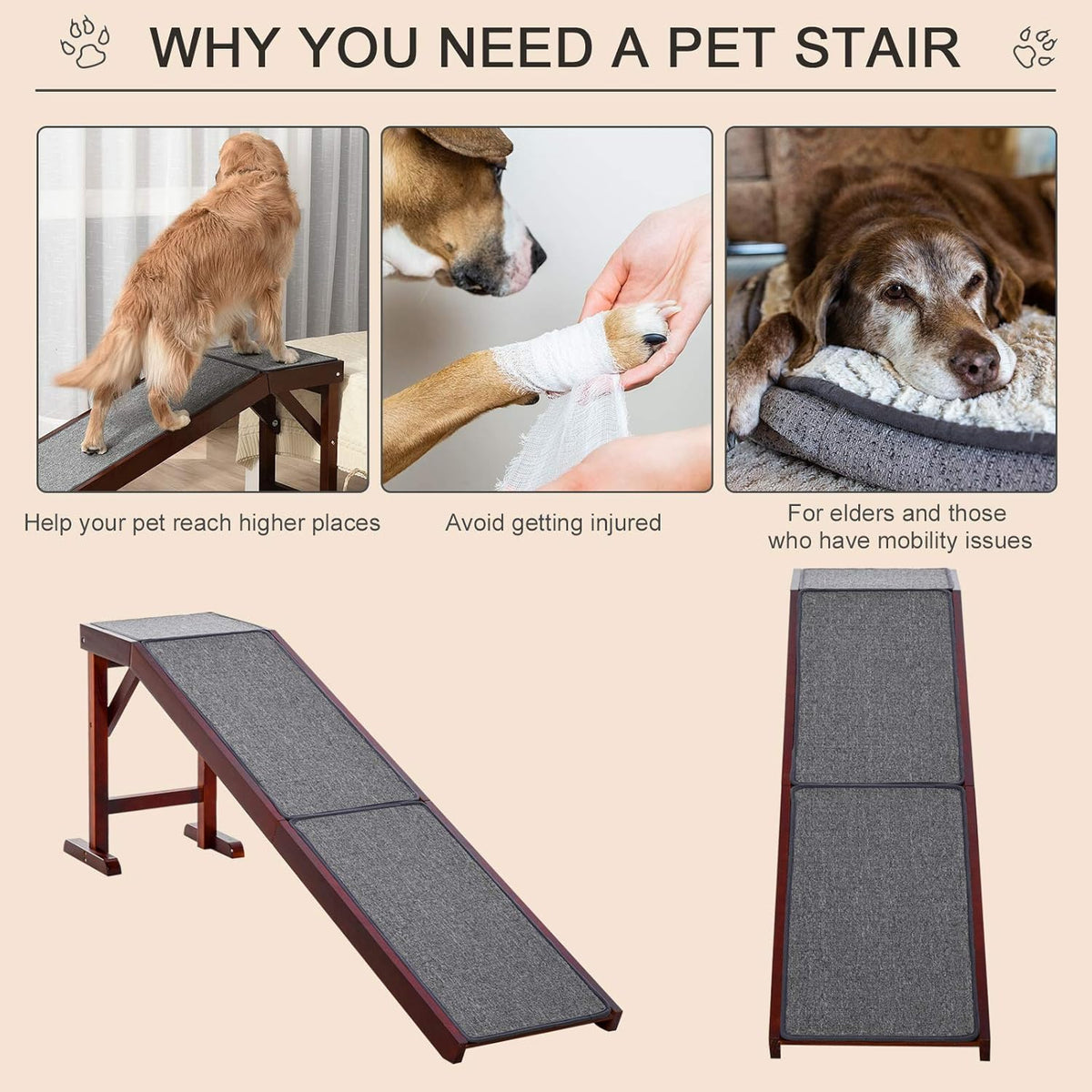 Non-Slip Carpet Top Pine Wood Pet Ramp, Brown Grey V8360