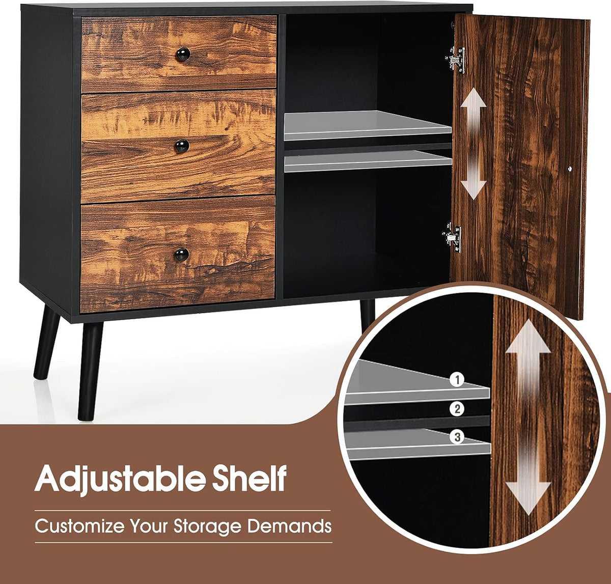 Storage Cabinet Buffet Sideboard with 3 Drawers and Adjustable Shelf J958150
