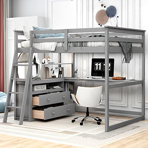 Twin Size White Solid Wood Loft Bed with Wardrobe, Desk and Shelves H96256
