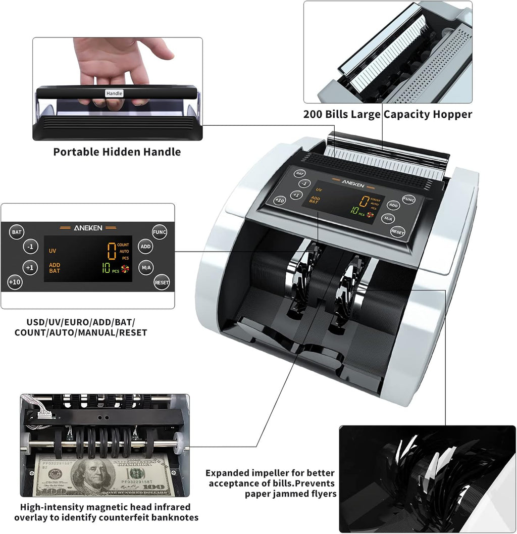 Money Counter with UV/MG/IR/DBL/HLF/CHN Counterfeit Detection, Portable Bill Counter with LED Display, 1,000 Bills/Min H78421