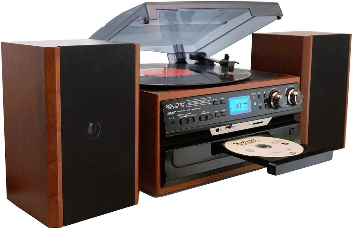Bluetooth Record Player Turntable with AM/FM Radio, CD/Cassette Player, 2 Stereo Speakers W1170