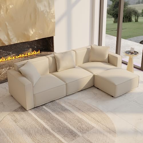Cream L-Shape Sectional Sofa with Ottoman and Chaise F979