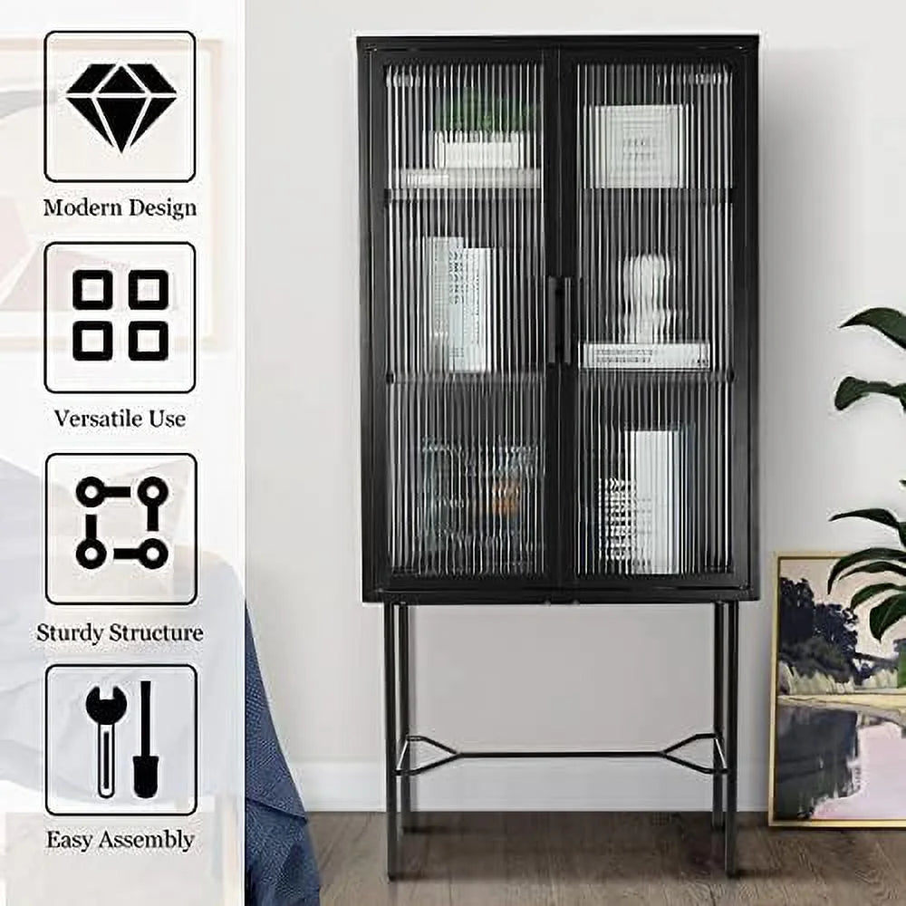 Tall Fluted Glass Door Cabinet with 2-Tier Adjustable Shelves Blue C913337