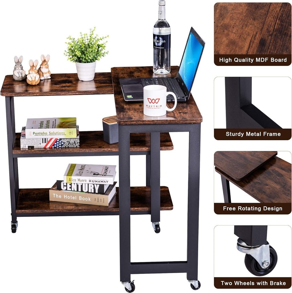 Rustic Brown Mobile Sofa Side Table with 2 Tier Storage Shelves W610