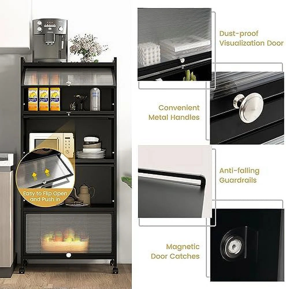 Black 5-Tier Kitchen Cabinet with 4 Rolling Casters P663