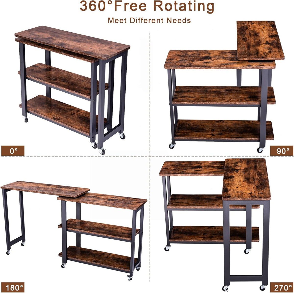 Rustic Brown Mobile Sofa Side Table with 2 Tier Storage Shelves W610
