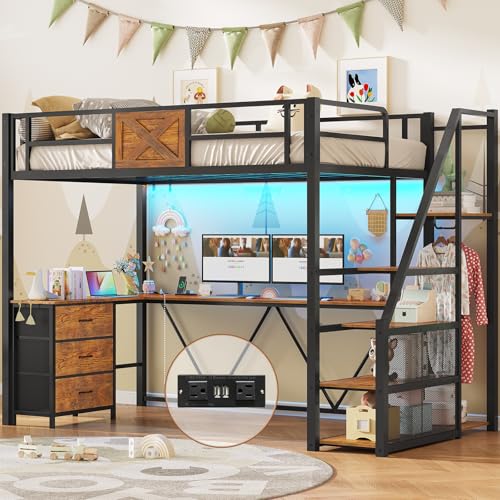Twin Size White Metal Loft Bed with Desk and Wardrobe F759737