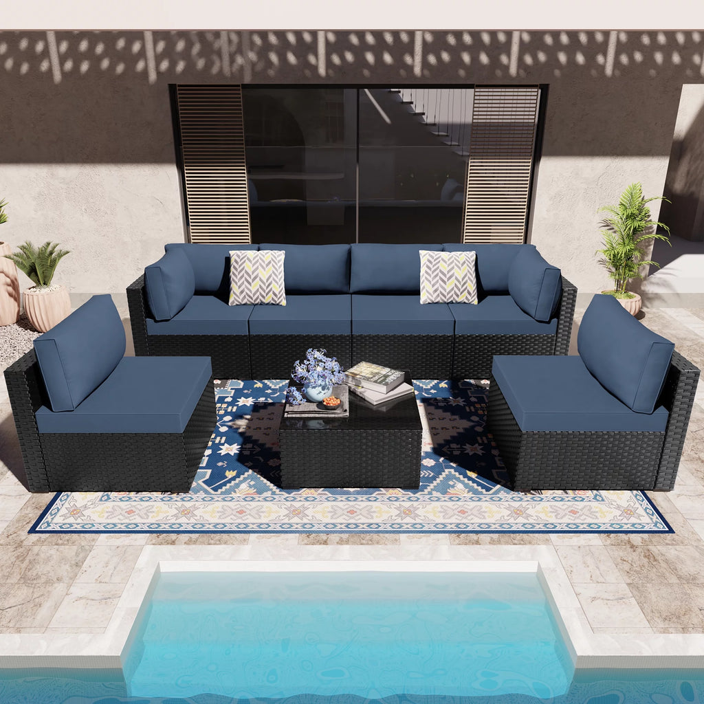 7 Pieces Black Wicker Outdoor Sectional Sofa Set with Tea Table and Cushions A456