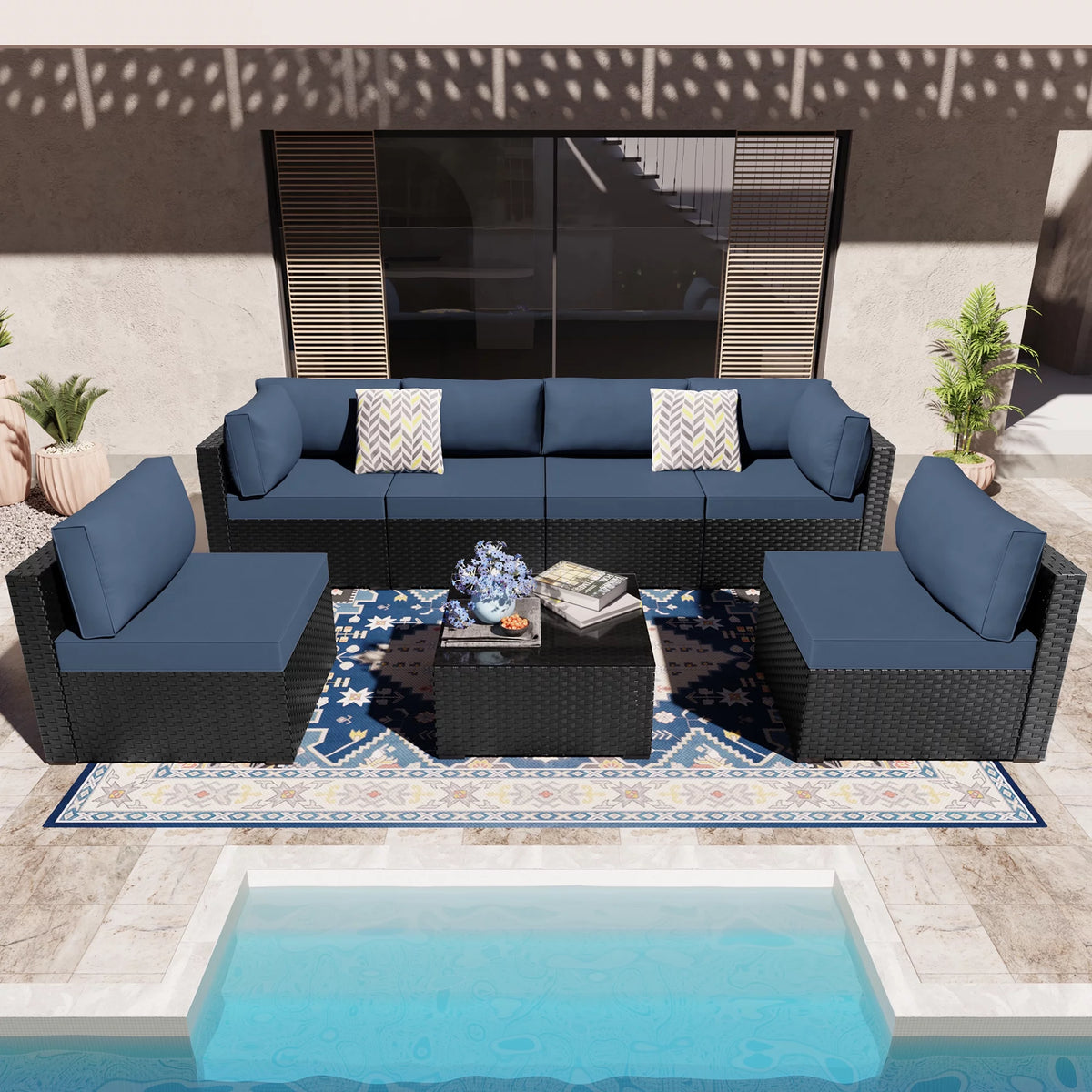 7 Pieces Black Wicker Outdoor Sectional Sofa Set with Tea Table and Cushions A456